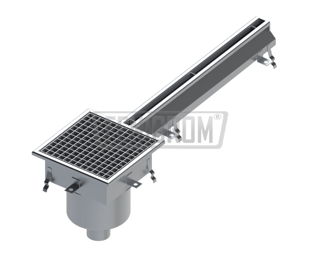 Stainless steel slot drains TMP-KAG heavy duty spout on one side descending on spout drainage pit with odor trap South Africa