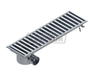 Stainless steel trench drain TKYG heavy duty sloping towards the horizontal outlet at the end of the drain South Africa